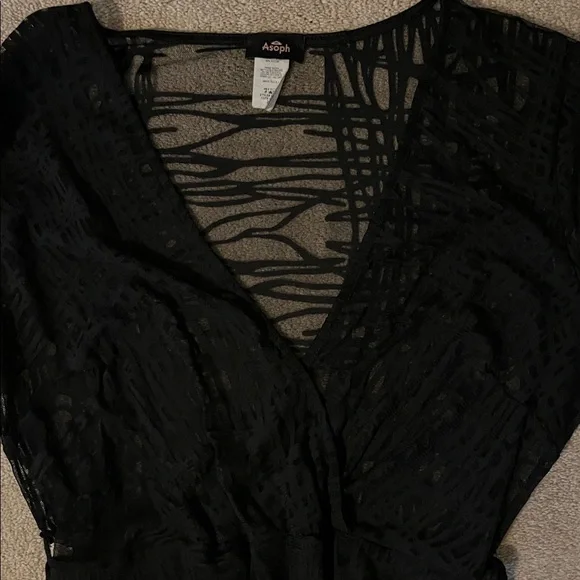 Chic Black Mesh Transparent Midi Dress with attached bottoms and belt - Picture 5 of 7